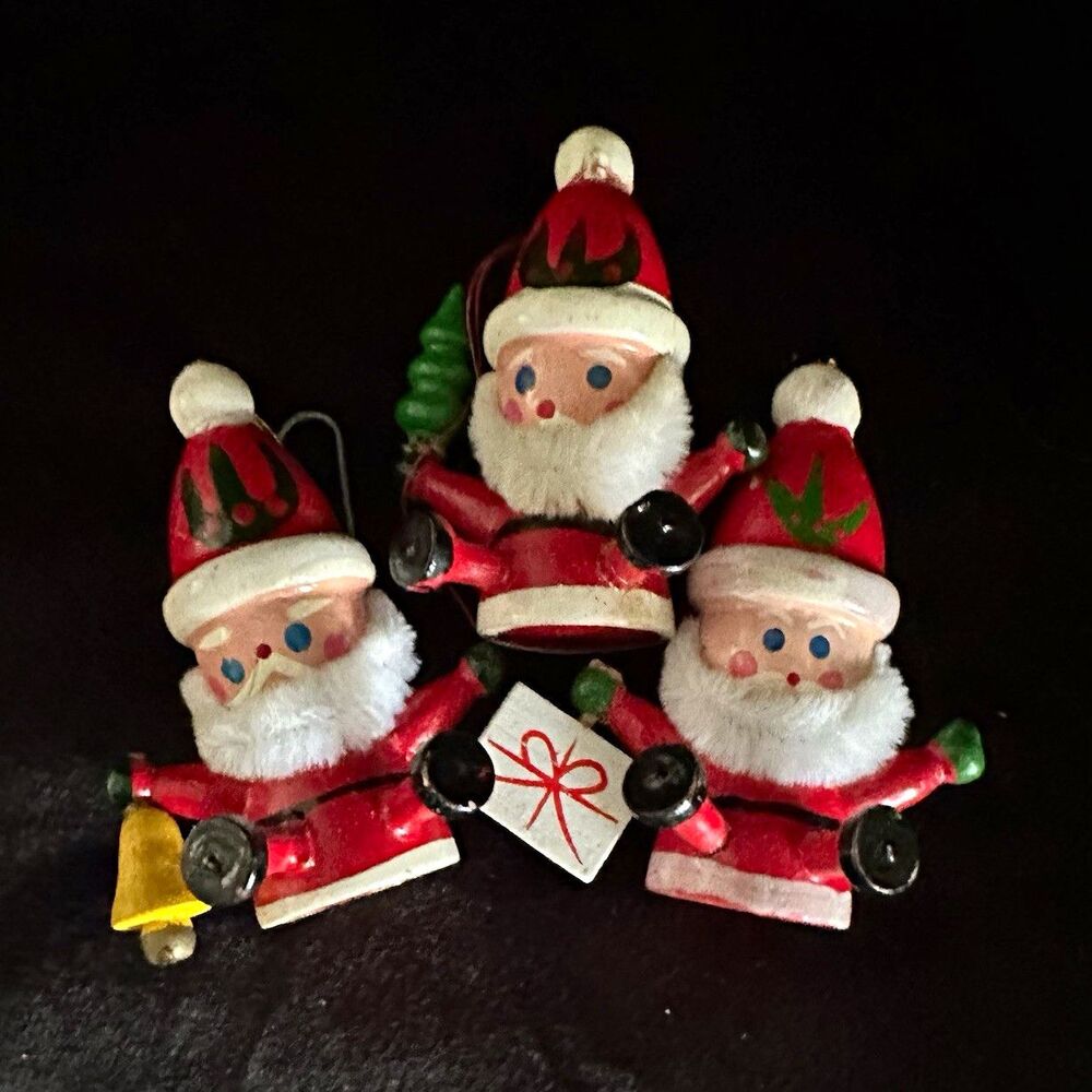 Vintage Santa Christmas Ornaments Set of 3, wood, Red White Green, hand painted